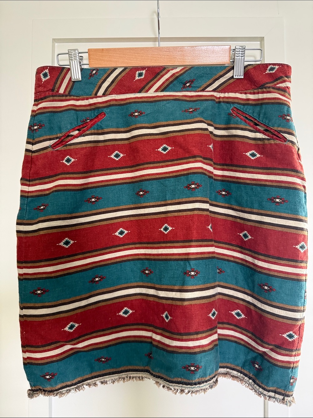 Striped Teal and Red Southwestern Cotton Skirt